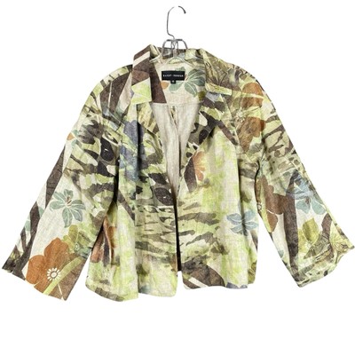 RANDY KEMPER 100% Linen Jacket Womens 12 Multicolor Floral 3/4 Sleeve Open Front