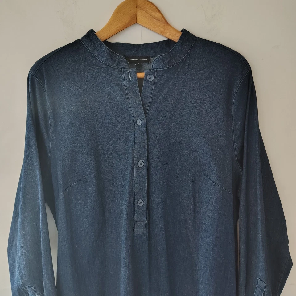 Womens Denim Shirt Dress Sz S Oversized Long Sleeve Pockets Cotton Laganlook - Image 2 of 4