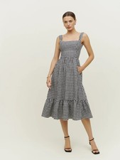 Reformation black white gingham low back Bucatini Linen Dress 8 10