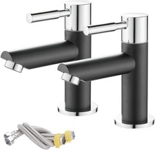 Bathroom Basin Pillar Taps Pair Black Chrome Twin Lever 1/4 Turn With Hoses