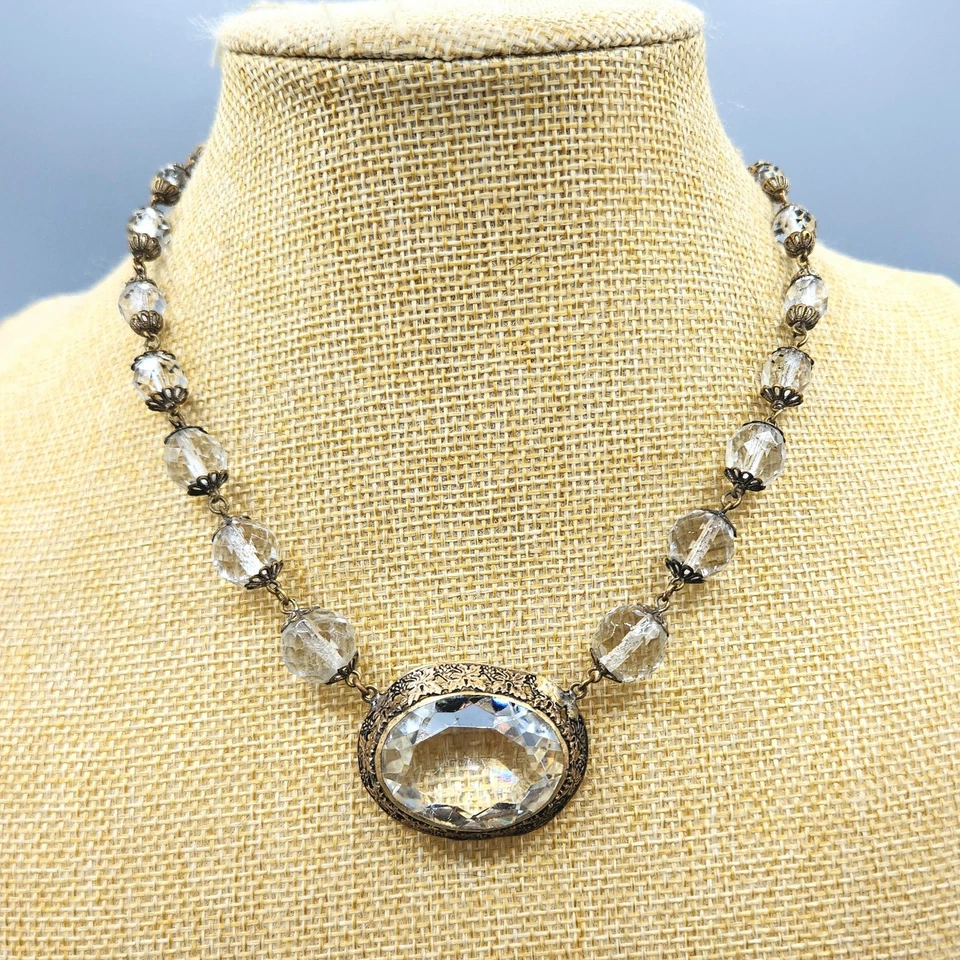 Collar Gargantilla Latón Vidrio Facetado Ovalado Cuentas Graduadas Transparente Checo Art Nouveau Foto 3 de 4