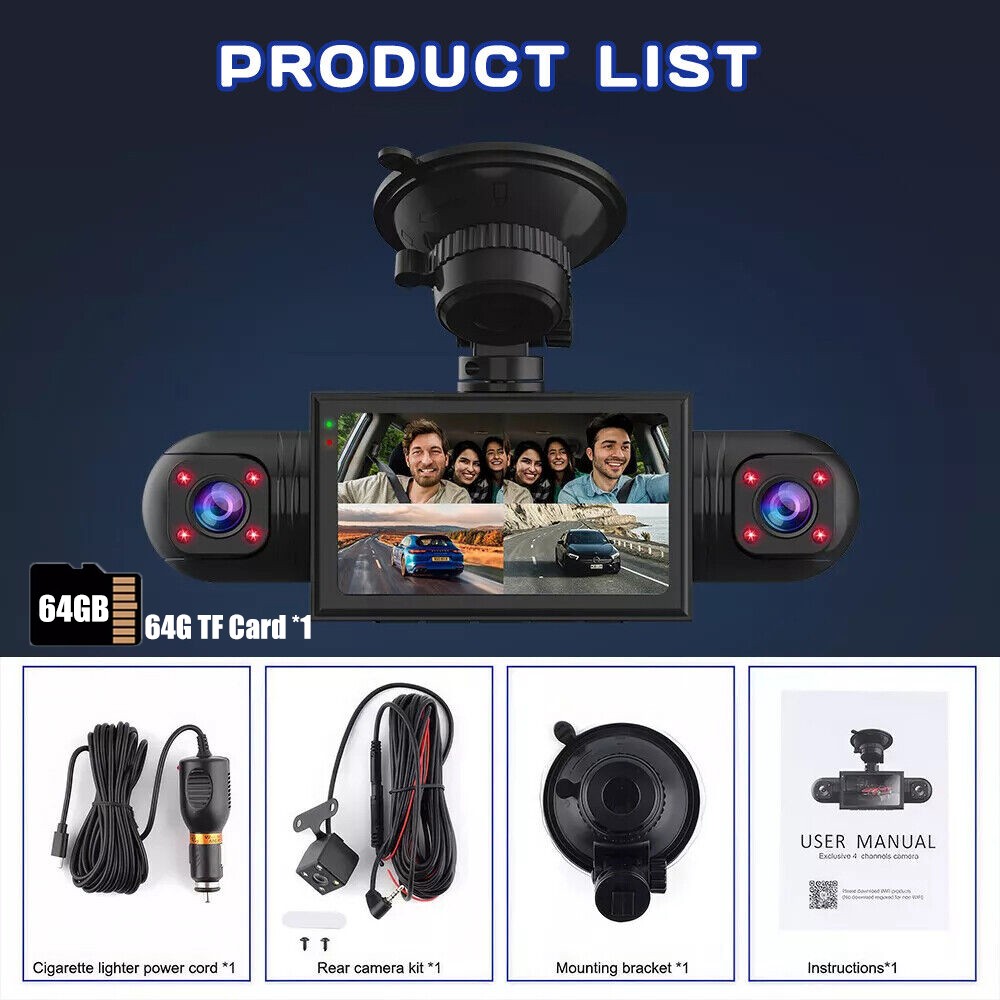 360 Degree View 4 Channel Dash Cam Front and Rear Inside Left Right, Dash Camera