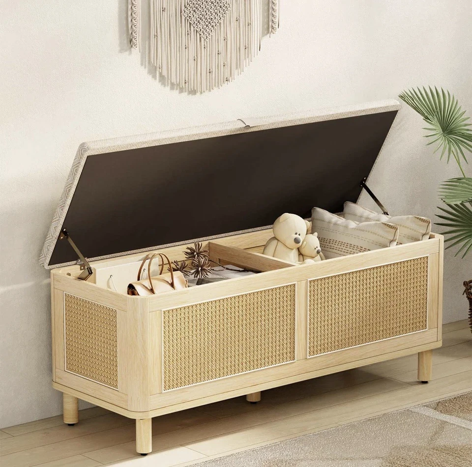 Storage Bench, Boho Style Bedroom Ottoman Bench With Safety Hinges, Shoe Bench - Image 4 of 4