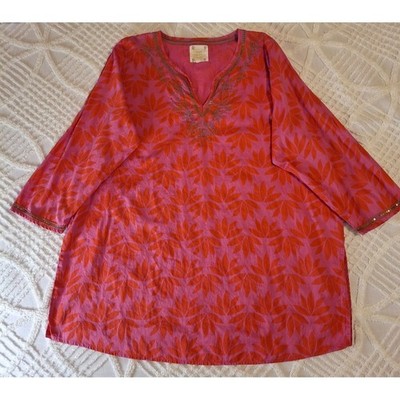 Sigrid Olsen Women 2X Tunic Pink Orange Lotus Print Embroidered Sequin Boho Top
