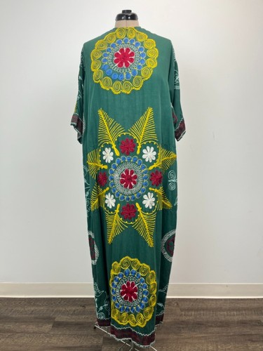 Vintage Green Kaftan Djellaba Maxi Dress Colorful Embroidery L XL XXL Festival