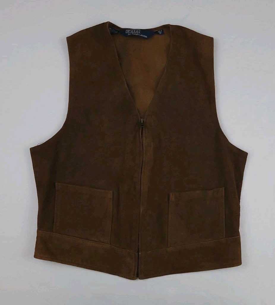 Vintage Polo Ralph Lauren Suede Leather Zip Vest Rare RL Sport M Brown Vtg