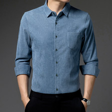 Men Corduroy Shirt Top Blouse Long Sleeve Lapel Pocket Casual Formal Basic Slim