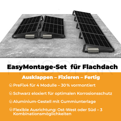 Flachdach Solarhalterung Set 4 Module Süd/Ost-West Schwarz vormontiert   0% MwSt