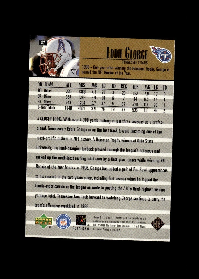 1999 Upper Deck Century Legends #87 Eddie George Tennessee Titans - Image 2 of 2