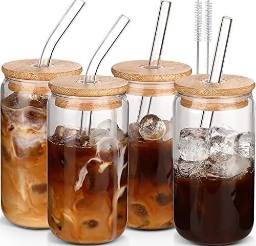 Glass Cups with Lids and Straws 4 pcs,16oz Drinking Glasses Set for Coffee Ba...