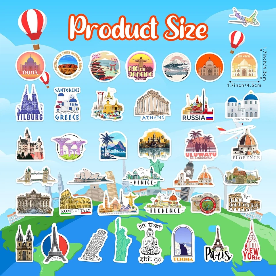 Набор стикеров World Featured Architecture, 100 шт. водонепроницаемые дорожные - ПВХ-028  - Изображение 2 из 4