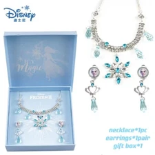 Princess Elsa Necklace Clip-On No Pierced Earrings Set For Girls Kids Xmas Gift