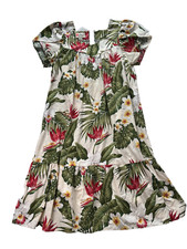 Hilo Hattie Hawaiian Dress Medium Muumuu Ruffle Puff Sleeve Floral Palms Birds