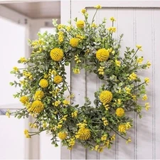 YELLOW Woolyhead Eucalyptus CANDLE RING Wreath Artificial Flower Plant Greenery