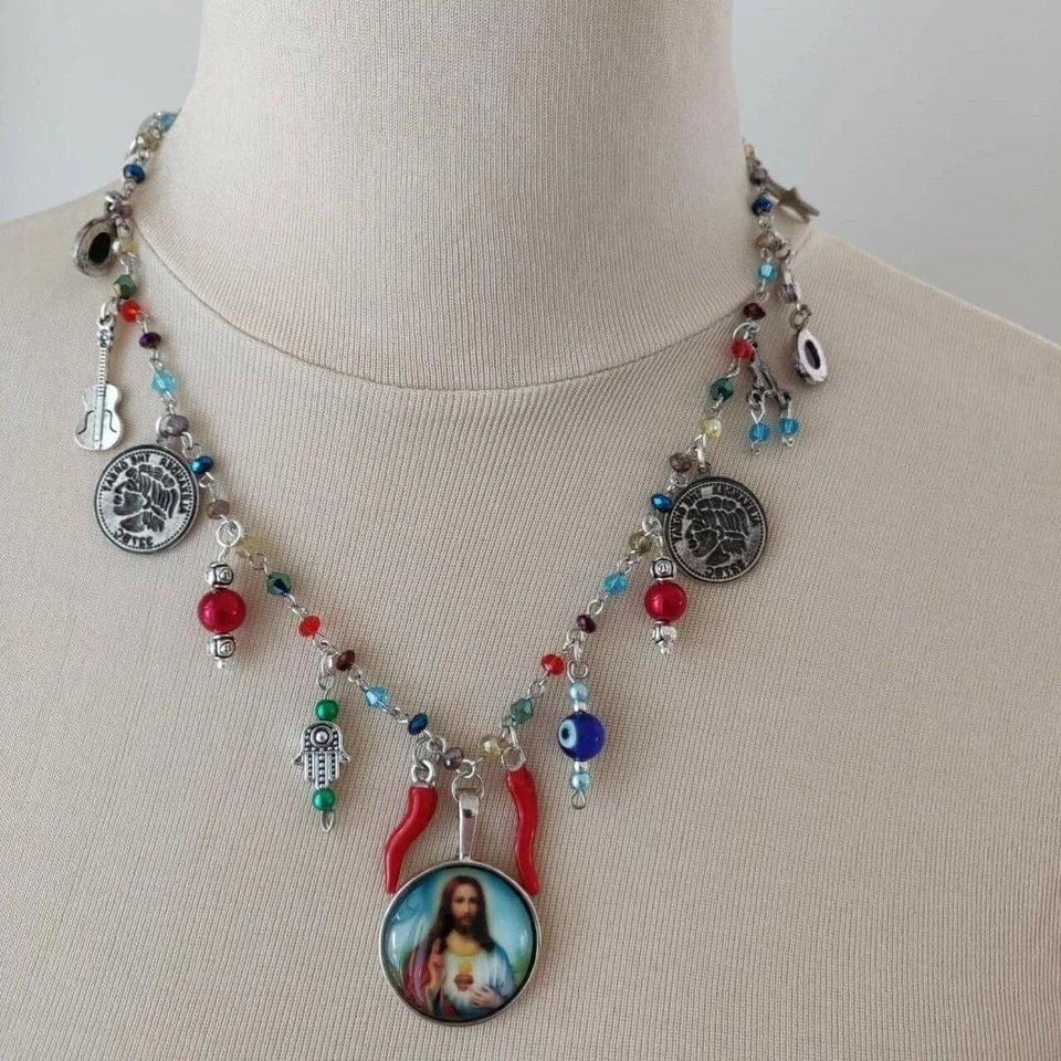 Collana rosario cristalli coloratia Sacro Cuore di Gesù 21 ciondoli - Immagine 2 di 4