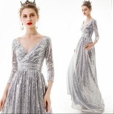 Gorgeous V Neck Short Sleeve Silver Paillette Evening Dresses Banquet Prom Gown