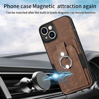 For iPhone 14 Pro Max Plus Luxury Retro Leather Ring Holder Card Back Case Cover