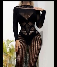 Crochet Fishnet Dress Sexy Black Super Stretchy Fit UK 10-28 UK Stock