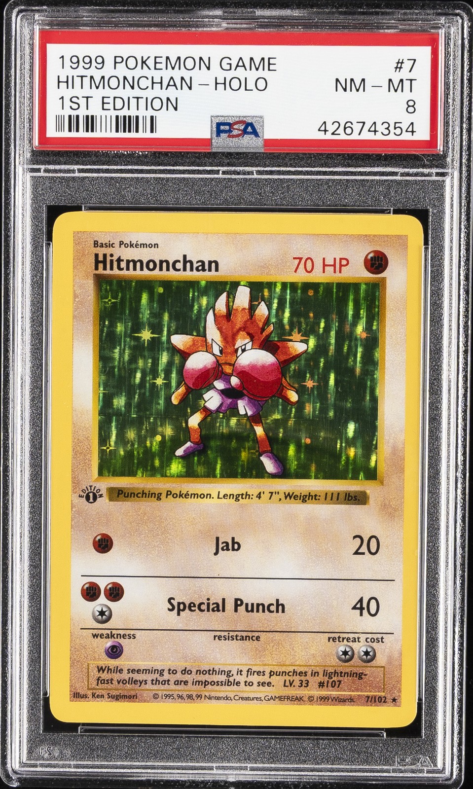 1999 POKEMON GAME 1ST EDITION #7 HITMONCHAN-HOLO PSA 8