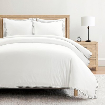 Hampton Double Flange Embroidered Contrast Edge Cotton Duvet Cover Set, 3 Piece