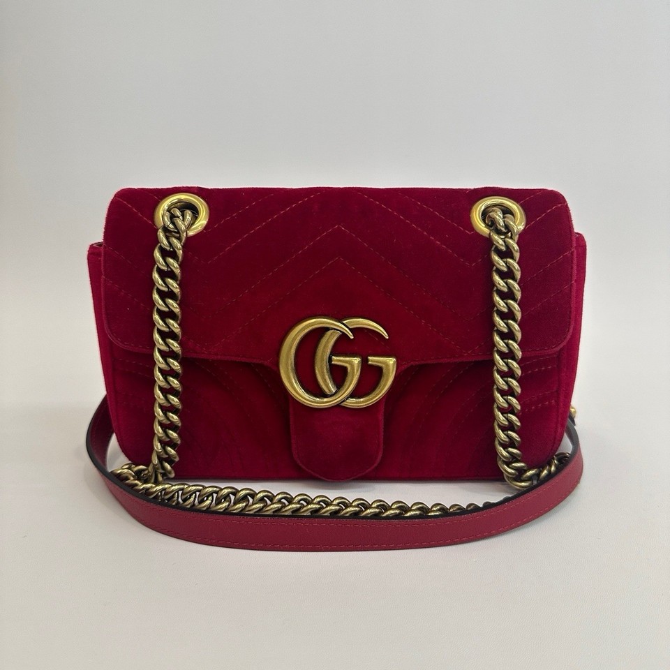 Authentic Gucci GG Marmont Velvet Red Shoulder Bag  26cm