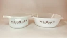 Two Vintage Dynaware Milk Glass Casserole Dishes w/ 1 Lid Brown Daisy Design