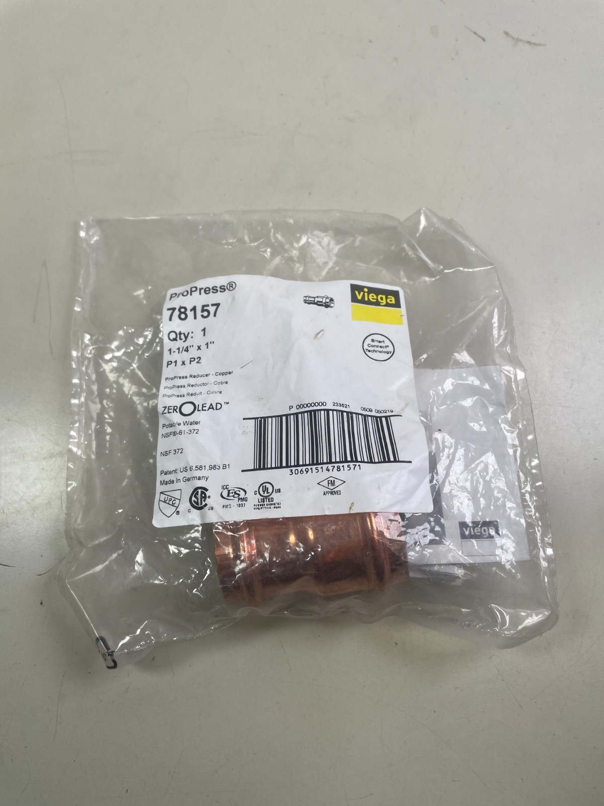 Viega 78157 ProPress Copper Reducer 1-1/4" x 1" New in Packaging
