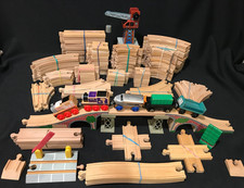 Thomas Train / Brio Compatible- 90 Wooden Track Pieces w Bridge, 5 Cars, Crane