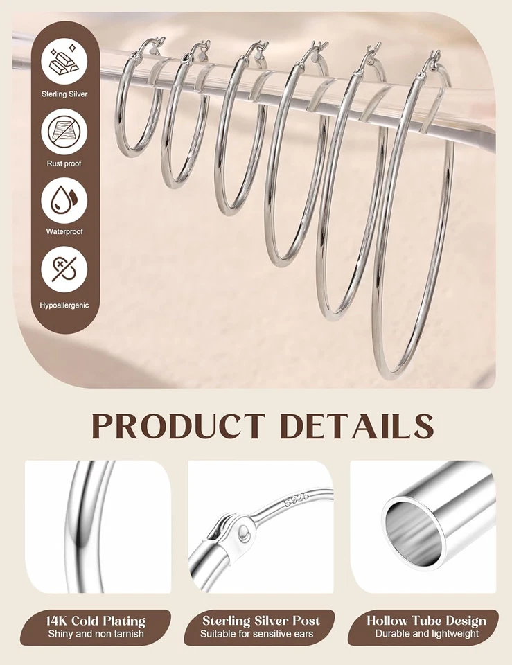 Orecchini Cerchio Argento 925 Ipoallergenico Grandi Orecchini Cerchio Oro Placca - Immagine 2 di 4