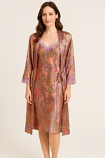 Jones New York Satin Paisley Robe & Nightgown Set L/XL Purple Pink Lace Trim Vtg
