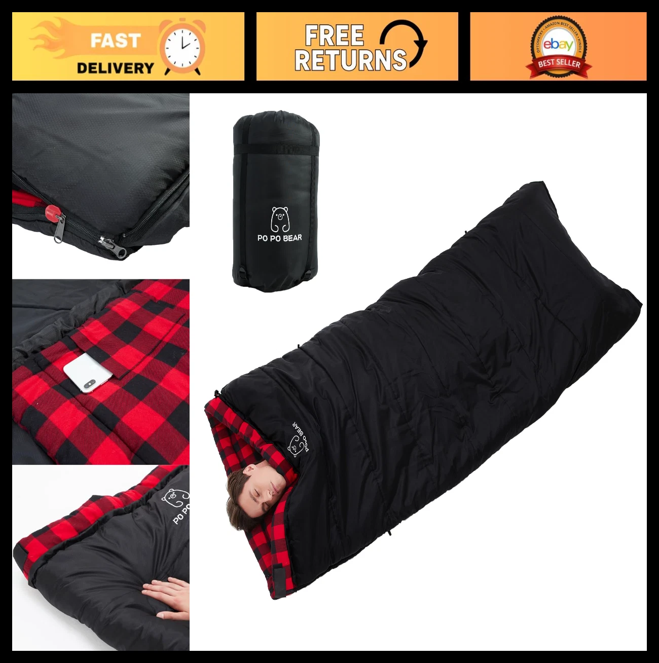 "Zero Degree Sleeping Bag for Adults - 100% Cotton Flannel, Tall & Spacious"
