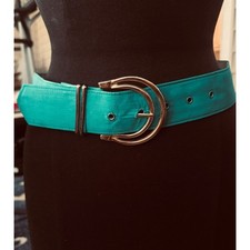 Vintage Teal Fabric Wide Waist Belt Gold Double Arch Buckle Size 12 Retro 80s