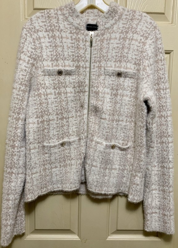 Adrienne Vittadini Ivory & Taupe Zip Front Blazer Super Soft W Gold Buttons L