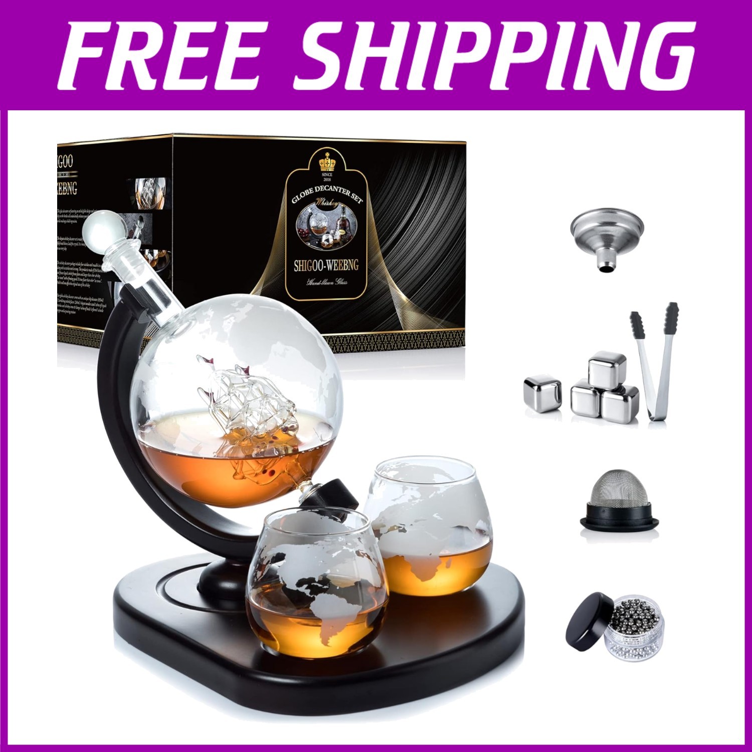 Luxury Globe Whiskey Decanter Set with Stones and Cleaning Tools - Ideal Gift