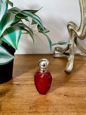 Antique Ruby Cranberry Glass Flat Egg Scent Perfume Bottle Silver Lid Stopper