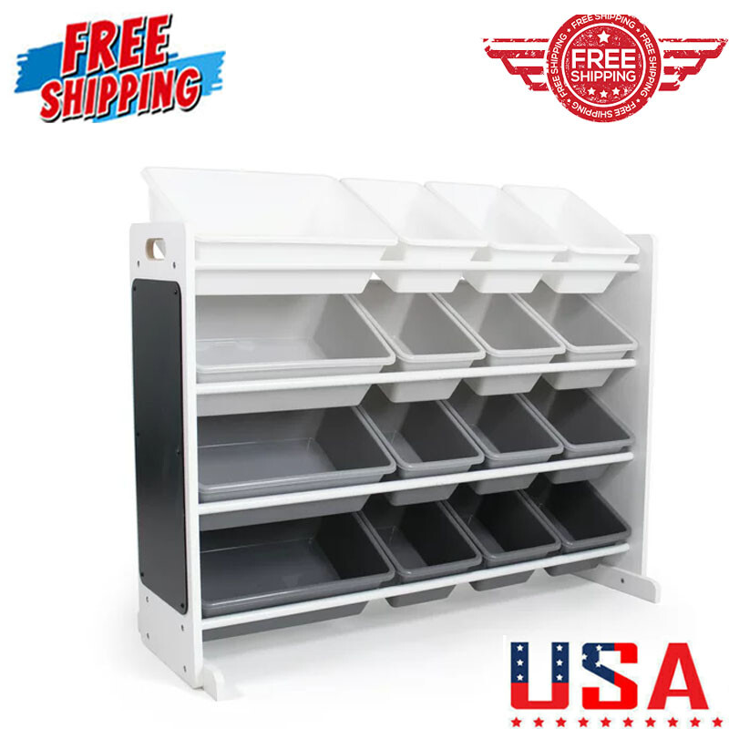 Kids Wood Toy Storage Organizer w/Chalkboard &16 Plastic Bins for Playroom Home