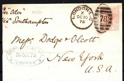 GB SG.141 Transatlantic Nord-Deutscher Lloyd Ship *Oder* 1876 Cover Front SS3616 - Picture 4 of 4