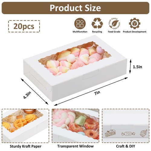 20pcs Cookie Boxes 7x4.3x1.5in White Bakery Boxes With Window Treat Boxes Small - Picture 2 of 7
