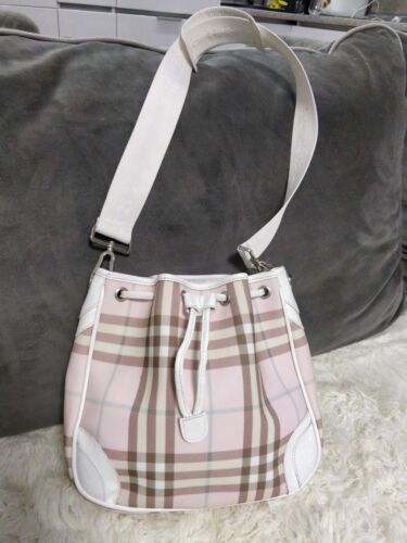 Burberry Coated Canvas Drawstring Check Bag Shoulder Pink White Purse Bucket - Picture 1 of 12
