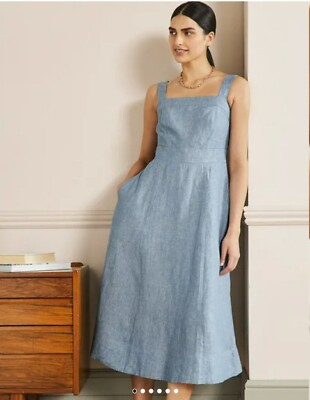 Boden Virginie 100% Linen 20/22L Midi Dress Chambray Blue Fit Flare Cottage Core
