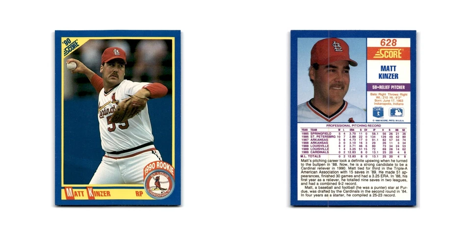 1990 Score Matt Kinzer RC Cardinals #628 - Image 3 of 3