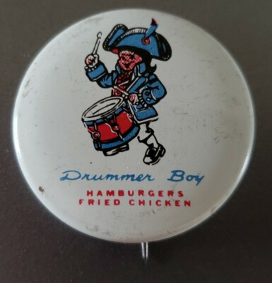 VTG DRUMMER BOY RESTAURANT HAMBURGERS FRIED CHICKEN  LAPEL PIN BUTTON 1 1/8''