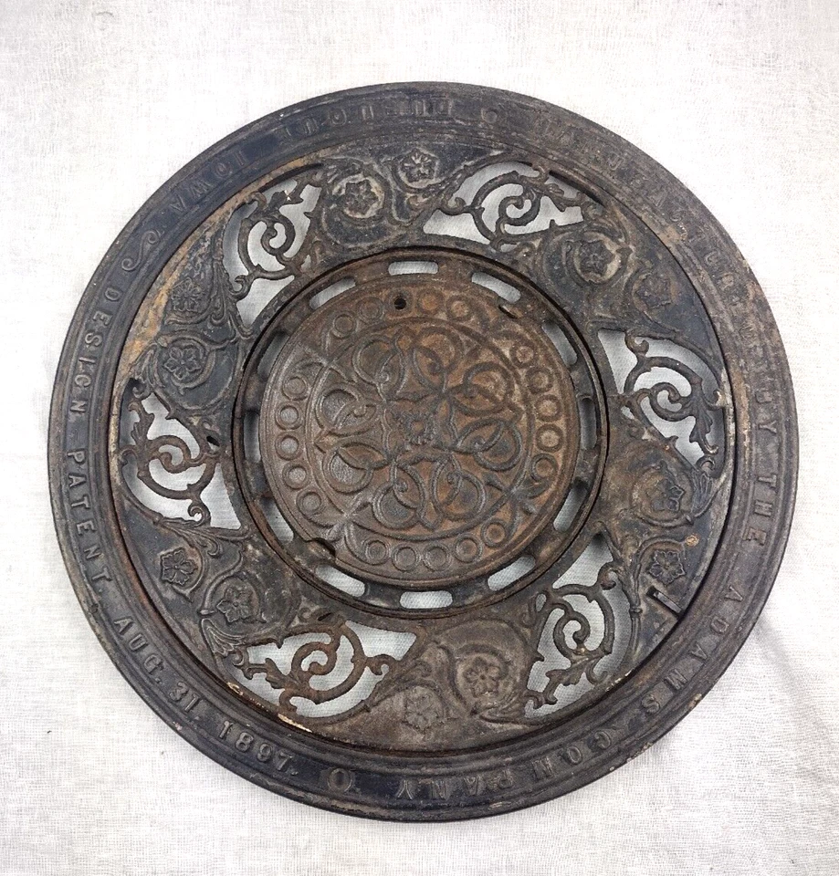 Antigua rejilla térmica de registro de piso redondo Adams Dubuque Ia de hierro fundido de 3 piezas 1897 Foto 2 de 4