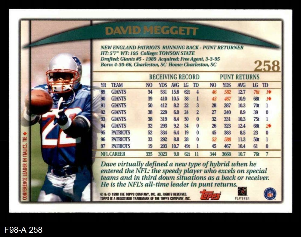 1998 Topps 258 Dave Meggett Patriots Towson 8 NM/MT eBay