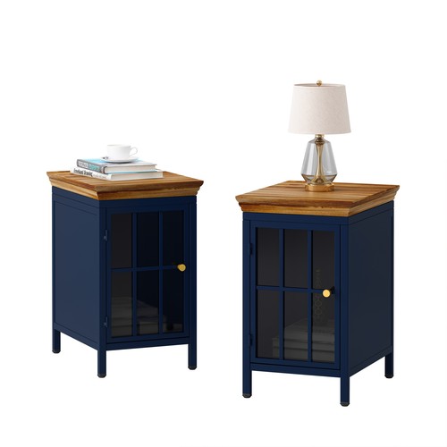 Nightstand with Tempered Glass Door Metal Bedside Table with Solid Wood Tabletop - Picture 19 of 23