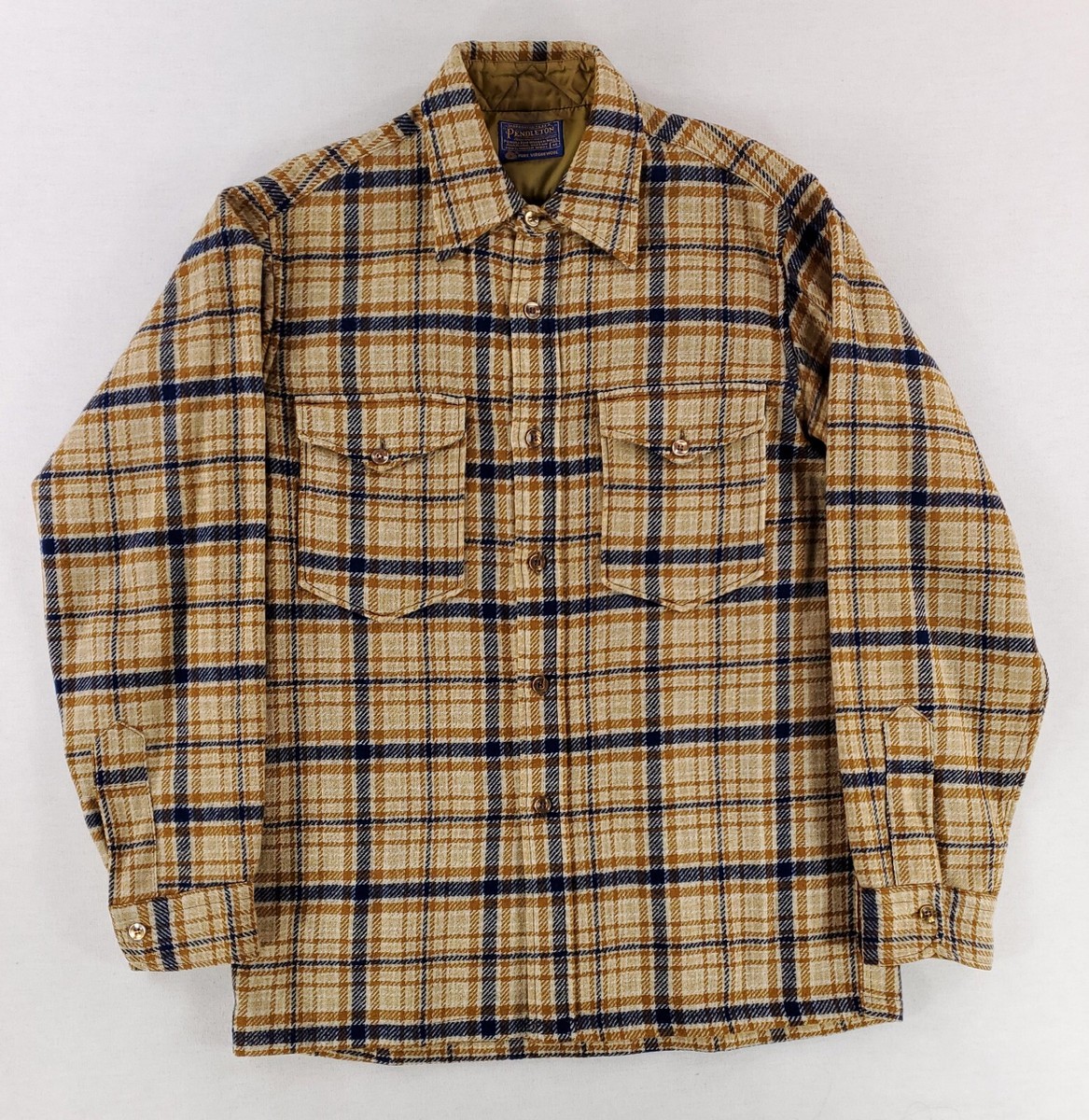 Pendleton Field Shirt VTG 70 80s 100% Wool Gold Blue Plaid Mens M
