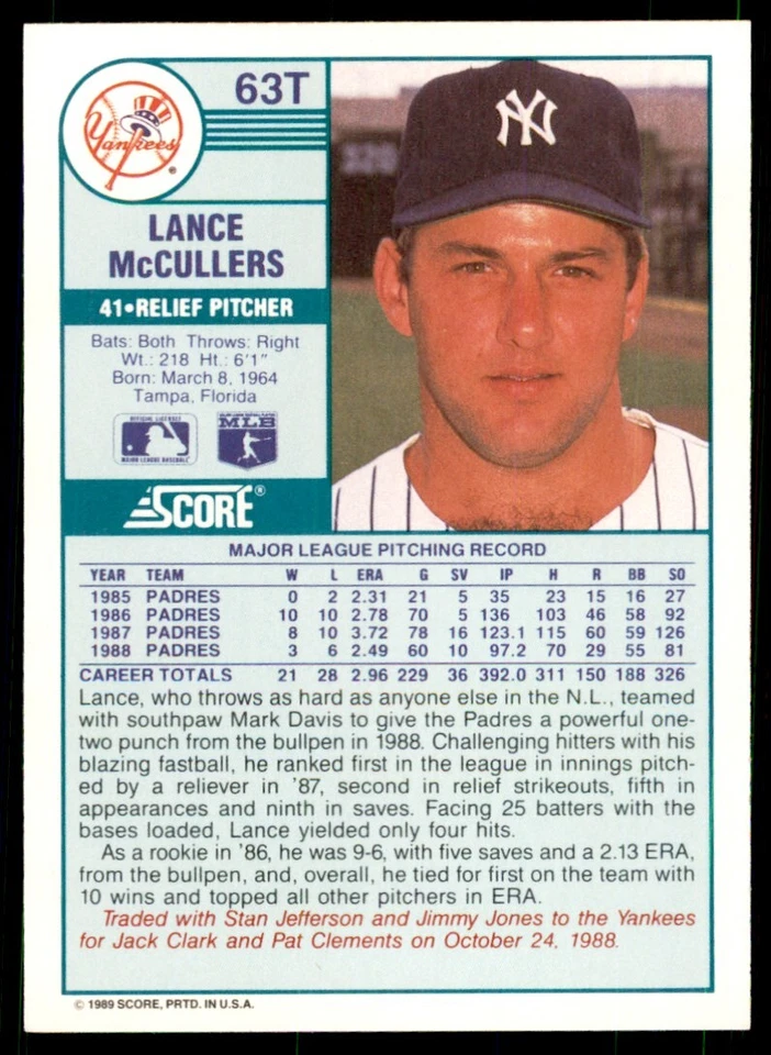 1989 Score Rookie & Traded. Lance McCullers New York Yankees #63T - Image 2 of 2