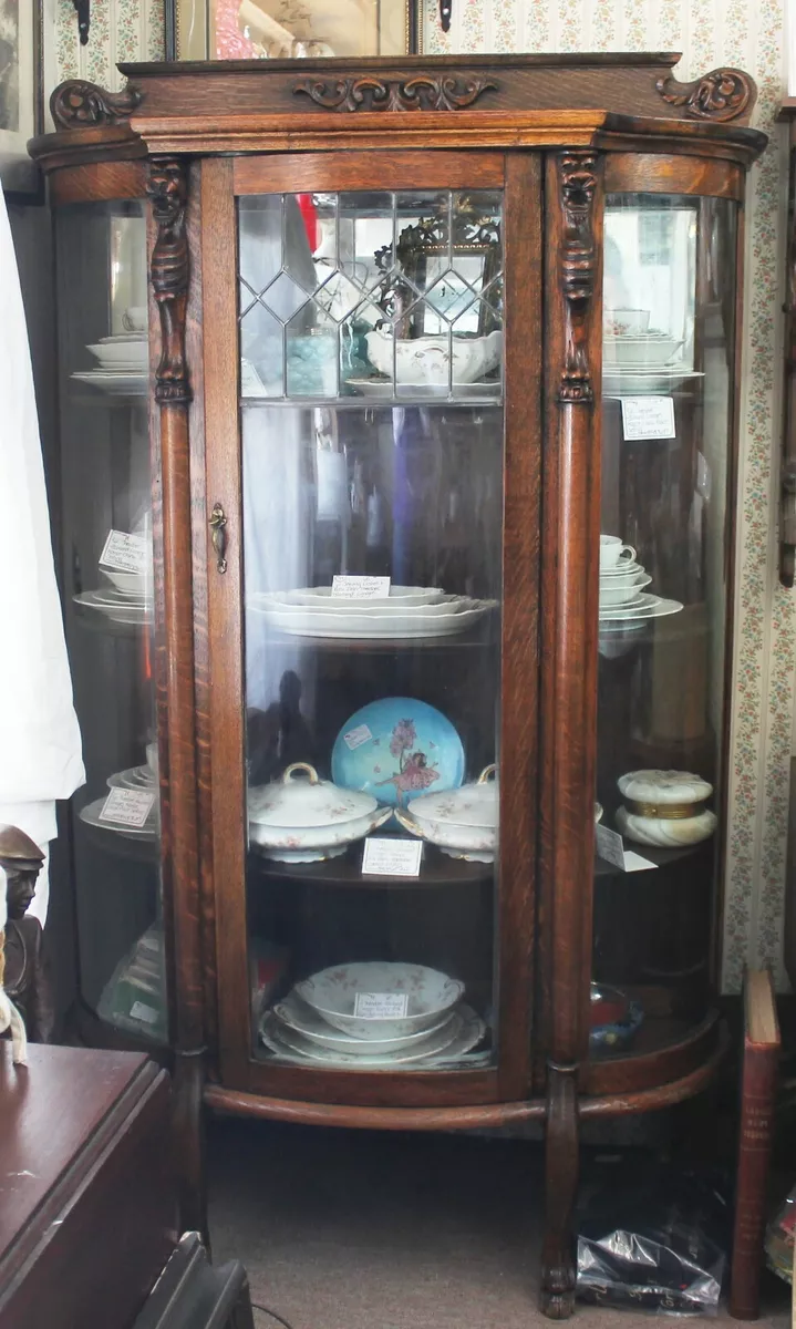Antique Dark Oak LEADED GLASS Carved CURVED GLASS CHINA CABINET Griffins