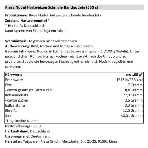 18er Pack Riesa Nudel Hartweizen Schmale Bandnudeln (18 x 500 g) - Bild 4 von 4