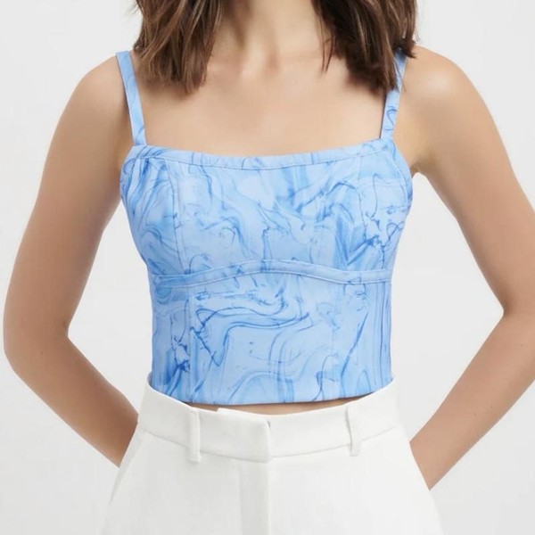 Kookai Corset Top Blue Marble Print Crop Size 36